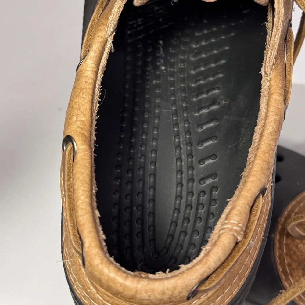 Crocs Pitcrew Boat Shoes Mens 10 Womens 12 Black Tan Leather Laced Clogs Slip On